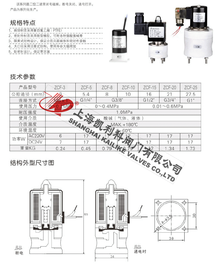 ZCF塑料防腐電磁閥規格特點